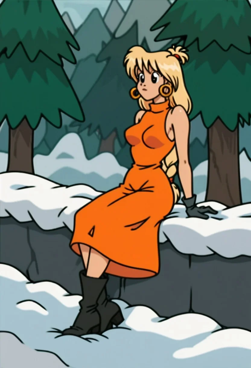 score_9, score_8_up, score_7_up, score_6
woman, tiffany, kangoo,detailed eyes, detailed face, (retro artstyle, 1990s \(style\), flat color, toon \(style\)),1girl, female, dress, solo, female,black eyes, breasts, outdoors, red dress, snow, tree, signature, medium breasts, sleeveless dress, boots, black footwear, sleeveless, orange dress, closed mouth, bare shoulders, full body, body, alternate hair length, long hair, alternate hairstyle, arm support, gloves, sitting,blonde hair