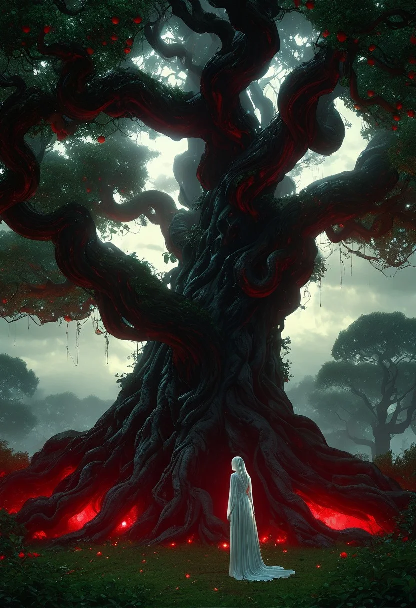 A surreal and symbolic scene depicting the moment of the original sin. In a lush, verdant garden, a woman, representing Eve, stands at the base of a massive tree with twisting branches and forbidden fruit hanging from them. Her expression is one of curiosity and temptation as she reaches for the glowing apple, its vibrant red hue contrasting sharply with the dark, shadowy atmosphere surrounding her. Nearby, a serpent coils around the tree’s trunk, its eyes gleaming with cunning, symbolizing the temptation and the embodiment of sin. In the background, a man, representing Adam, watches hesitantly, his face a mix of concern and desire. Above them, the sky is darkening, as a looming, celestial presence of God observes from the heavens, casting a foreboding light. The air is charged with tension, as if the garden itself is holding its breath, caught between innocence and the impending fall. The surrounding landscape is lush yet increasingly twisted, hinting at the chaos to come as the first sin is committed
, moody light, by H.R Giger, 4k resolution digital art trending on Artstation and unreal engine 5, hyperrealism, full body shot, glowing eyes, cinematic, epic, masterpiece, surreal, fantasycore, hyperdetailed, ultra realistic, octane render, volumetric lighting, depth of field, bokeh, 8 <lora:Details:0.85>
