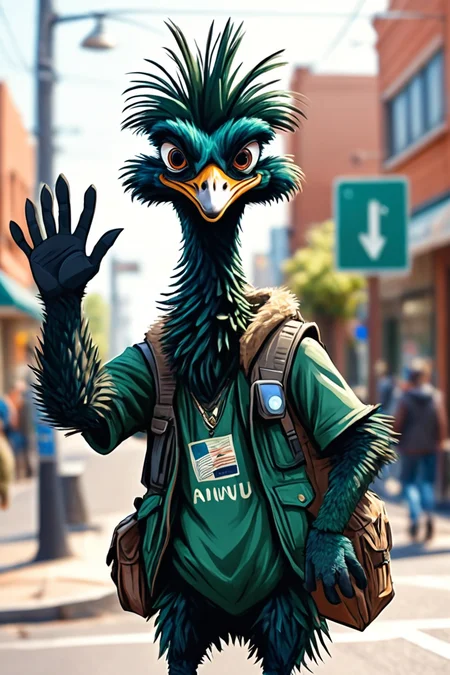 Detailed digital illustration of an anthro Emu (Waving hello, a friendly gesture) at a Surveillance cameras on every street corner, <lora:xl_more_art-full_v1:0.5>,  <lora:anthro_muscular:0.7>,  <lora:MJ52:0.6>, <lora:madpunk:0.4> madpunk