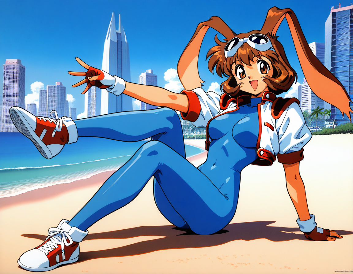 masterpiece, best quality, good quality, <lora:Makihara_Arina_IS:1>Makihara_Arina, brown hair, animal ears, goggles on head, rabbit ears, brown eyes, 1990s (style),  medium breasts, anime, anime style,
1girl, solo, gloves,  fingerless gloves, blue bodysuit, sneakers, cropped jacket, open mouth, smile,
 bodysuit, shoes, looking at viewer, jacket, full body, 
eyewear on head, bangs, spandex
blue sky, beach, building,