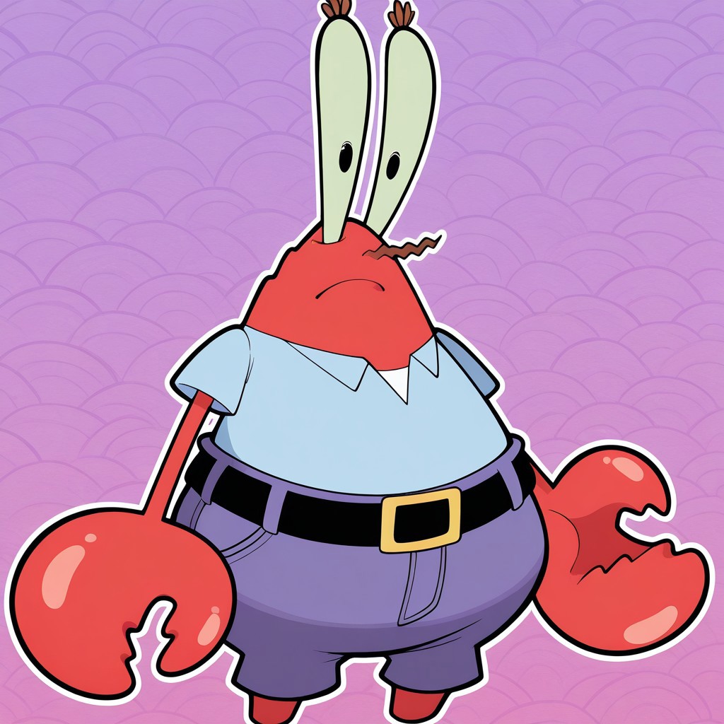 1boy, male, solo, Mr_Krabs, red body, red skin, shiny skin, claws, triangular shaped body, chubby,  eyestalks, brown eye lashes, big pupils, black pupils, stubby legs, blue collared shirt, white undershirt, bluish purple jeans, black belt, yellow belt buckle, masterpiece, best quality, amazing quality, very aesthetic, absurdres, newest, high quality, abstract background, perfect lighting, volumetric lighting
