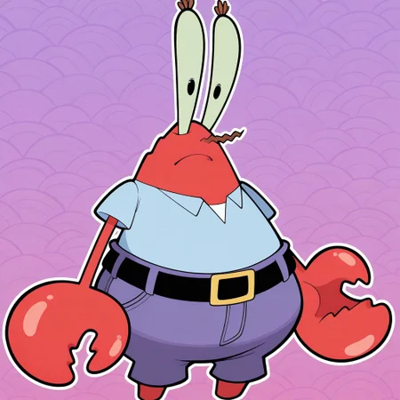 1boy, male, solo, Mr_Krabs, red body, red skin, shiny skin, claws, triangular shaped body, chubby, eyestalks, brown eye lashes, big pupils, black pupils, stubby legs, blue collared shirt, white undershirt, bluish purple jeans, black belt, yellow belt buckle, masterpiece, best quality, amazing quality, very aesthetic, absurdres, newest, high quality, abstract background, perfect lighting, volumetric lighting