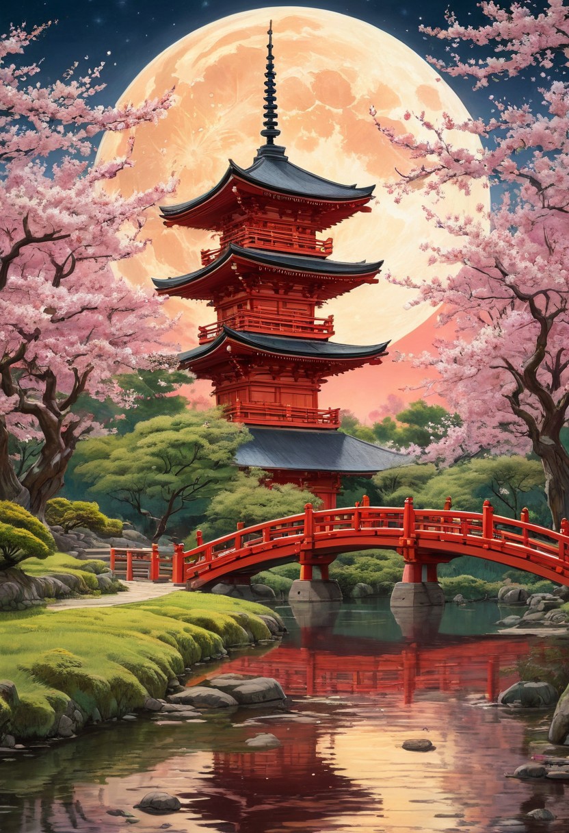 An intricately detailed scene of a traditional Japanese pagoda illuminated by warm red and golden light, surrounded by cherry blossoms and lush green trees. The night sky is dominated by a glowing full moon, casting a soft mystical light. A red arched bridge crosses a still pond, reflecting the structure and the moonlight. The atmosphere is serene, blending realism with a fantasy-like dreamscape. (anime, cyberpunk, Moebius (Jean Giraud) Style page)