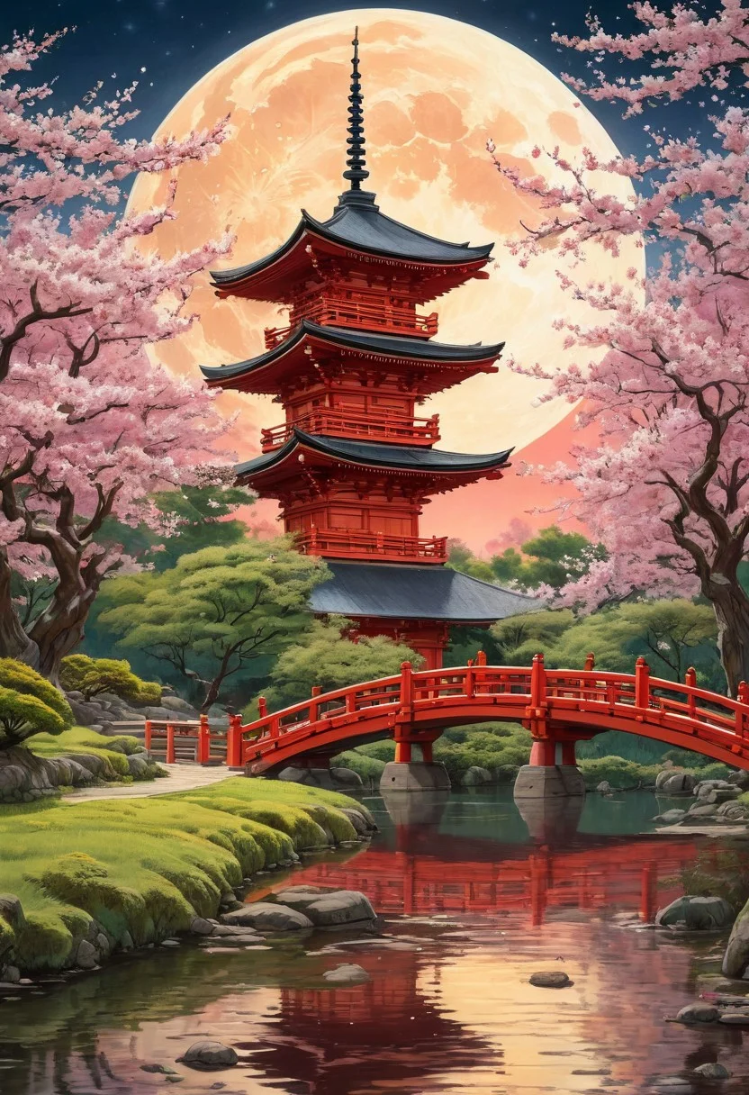 An intricately detailed scene of a traditional Japanese pagoda illuminated by warm red and golden light, surrounded by cherry blossoms and lush green trees. The night sky is dominated by a glowing full moon, casting a soft mystical light. A red arched bridge crosses a still pond, reflecting the structure and the moonlight. The atmosphere is serene, blending realism with a fantasy-like dreamscape. (anime, cyberpunk, Moebius (Jean Giraud) Style page)