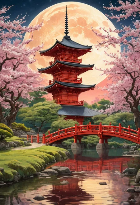 An intricately detailed scene of a traditional Japanese pagoda illuminated by warm red and golden light, surrounded by cherry blossoms and lush green trees. The night sky is dominated by a glowing full moon, casting a soft mystical light. A red arched bridge crosses a still pond, reflecting the structure and the moonlight. The atmosphere is serene, blending realism with a fantasy-like dreamscape. (anime, cyberpunk, Moebius (Jean Giraud) Style page)