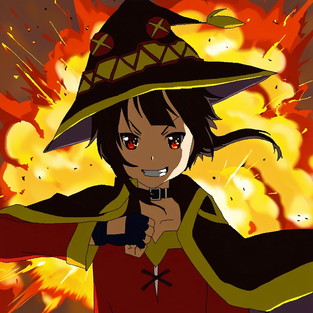 oekaki, megumin, grin, explosion, fire, hat, wind,<lora:chadmix_vpred05_extract.safetensors:1.0>,