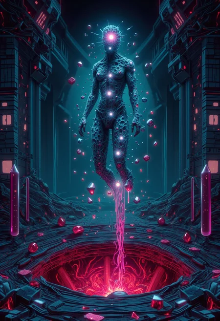 aiai-B1ngLucid, glitch art illustration of a broken goddess in form of a veiled mannequin with cracked surface and light shining through those cracks from within. Set in a surreal environment with virtual architecture in a brutalist style with a wireframe appearance. There are also pillars made of circuitry and crystals lighting up the path in eerie neon. The broken goddess is hovering above a hole in the ground, slowly descending down into hell, which is depicted as a menacing red light shining from below, out of the infernal tear in the ground. The surrounding area appears vague and glitching, distorted through displacements and chromatic aberration. The image evokes a sense of ending. <lora:flux\flux_aiai-B1ngLucid-v3>