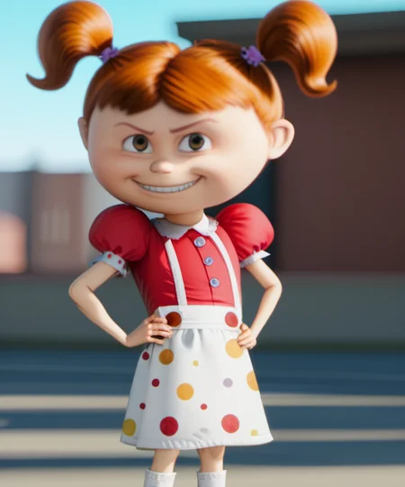 1girl, solo, tinamin2, child, twintails, female child, brown eyes, puffy sleeves, short sleeves, looking at viewer, hand on hip, smirk, standing, skirt, short twintails, hair ornament, red shirt, white socks, polka dot, black shoes, convention, blurry background, <lora:tinamin2-000009:1>, golden ratio,