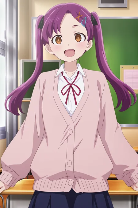 masterpiece, best quality, detailed background, detailed face, anime screencap, 
 <lora:Kanna_Andou_The_Dangers_in_My_Heart:.9>
1girl, ribbon, classroom, hair ornament, purple hair, red ribbon, solo, neck ribbon, twintails, white shirt, long hair, cardigan, hairclip, shirt, Kanna Andou (character), cowboy shot, mouth open, :D, happy girl,