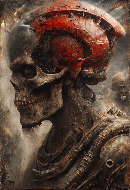 Space warrior portrait oil stains mixed with (((doom sleer))) caste. wearing a Soviet space suit with a red star on the helmet,USSR, H. R. Giger style but depicted as an oil painting, solo portrait, oil painting, masterpiece,best quality,style of H. R. Giger.
