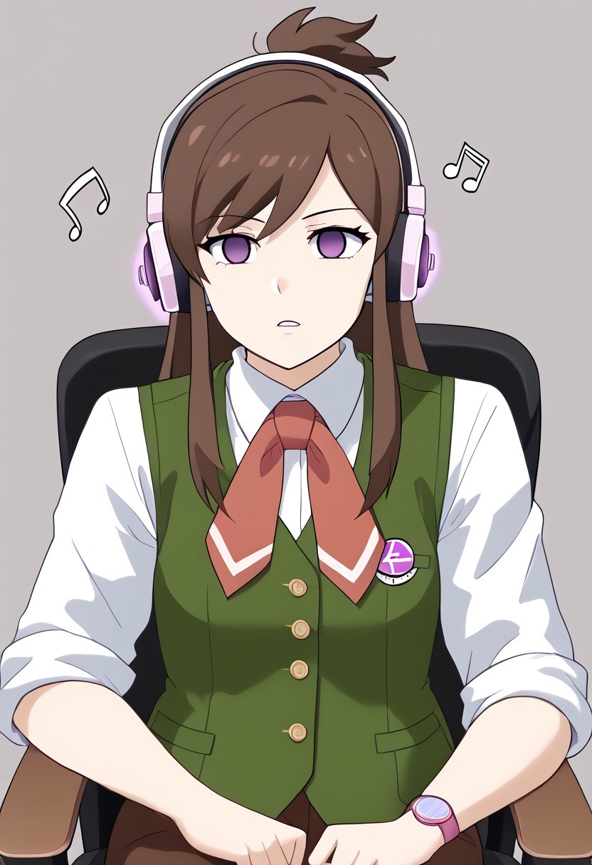 Ema being hypnotized by music from headphones,
score_9, source anime, lewd, 1girl,
mind control, hypnotized, empty_eyes, blank stare, slack jaw, hypnotic music, no pupils,
large headphones, music notes from headphones, leaning back in chair, swivel chair, hands hanging down, sound effects from headphones,
ema skye, half updo, white lab coat, sleeves rolled up, green vest, red neckerchief, brown pants