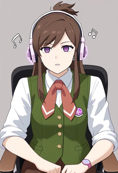 Ema being hypnotized by music from headphones,
score_9, source anime, lewd, 1girl,
mind control, hypnotized, empty_eyes, blank stare, slack jaw, hypnotic music, no pupils,
large headphones, music notes from headphones, leaning back in chair, swivel chair, hands hanging down, sound effects from headphones,
ema skye, half updo, white lab coat, sleeves rolled up, green vest, red neckerchief, brown pants