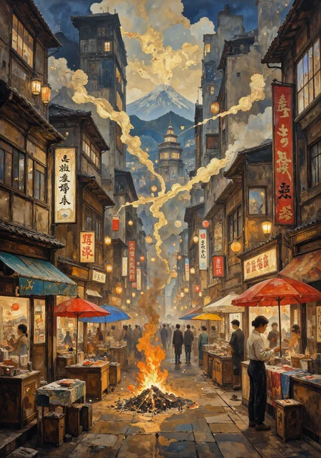 Brushstroked dreamscape in nihonga style depicting an ancient merchant district of Edo period Japan during a summer festival evening. Mineral pigments on silk canvas create luminous atmospheric perspective with floating lanterns illuminating towering merchant houses. Delicate gold leaf details highlight shop signage and architectural elements. Indigo-dyed noren curtains flutter in gentle breeze, embodying the concept of furyū (refined elegance). Background features distant silhouette of Mount Fuji partially obscured by festival smoke and evening mist. Foreground shows detailed miniature scenes of daily commerce - artisans crafting paper umbrellas, textile merchants displaying brilliant bingata fabrics, street food vendors with glowing charcoal fires. Composition utilizes asymmetrical balance with intentional negative space (ma) between activity clusters. Warm amber and vermilion tones contrast with cool indigo shadows, expressing the yūgen aesthetic of mysterious depth. <lora:Chris_Luka:0.6> <lora:aidmaMJ6.1-FLUX-v0.4:0.6> <lora:Memadukan_Brush_Strokes_of_Fineart:0.6> <lora:Anime realistic V2:0.3> <lora:FLUX-daubrez-DB4RZ:0.4> <lora:flux_dev:1>