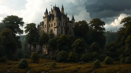 A Gothic castle with spires that reach towards the clouds, surrounded by a dark and mysterious forest,, Spotlighting,, ambient occlusion, 8K, RTX 3090, trending on artstation, lumens <lora:SDXLFaeTastic2400:0.8> <lora:EnvyFeverDreamXL01a:0.7> <lora:The_Classic:0.8>