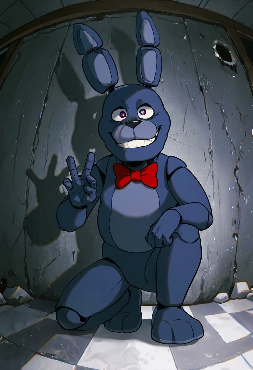 masterpiece, best quality, amazing quality, very aesthetic, absurdres, newest, detailed background,
cartoon, screencap,
bonnie, rabbit ears, red bowtie,, 1boy, joints, animatronic
crouching, fisheye, fisheye lens, rock gesture, on knee, checkered floor, grey walls, teeth, smile,