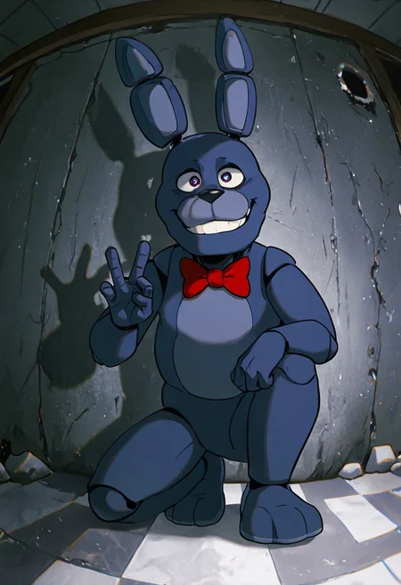 masterpiece, best quality, amazing quality, very aesthetic, absurdres, newest, detailed background,
cartoon, screencap,
bonnie, rabbit ears, red bowtie,, 1boy, joints, animatronic
crouching, fisheye, fisheye lens, rock gesture, on knee, checkered floor, grey walls, teeth, smile,