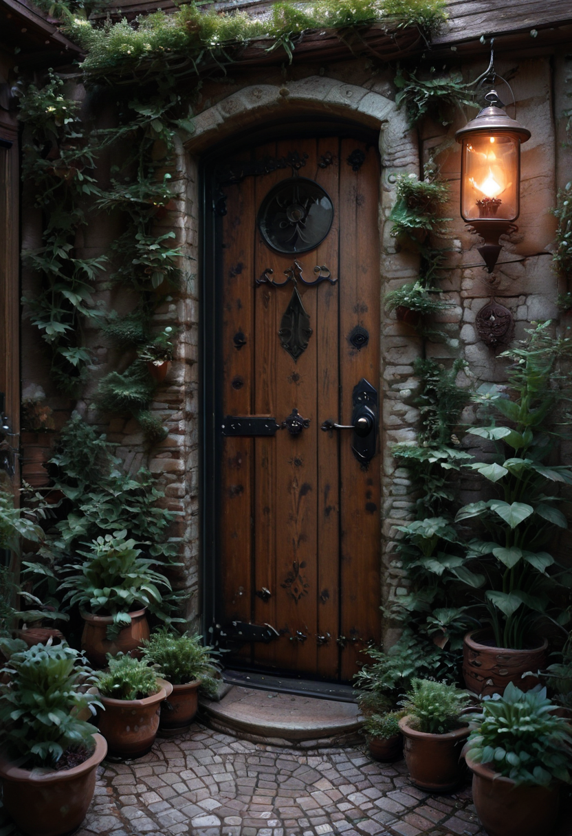 masterpiece, best quality,   N4t4rch, flower, lantern, door, purple flower, potted plant, lamp,   , <lora:NatureArchitecture_IXL:0.8>,  <lora:FluxieStyle_IXL:1.0>,