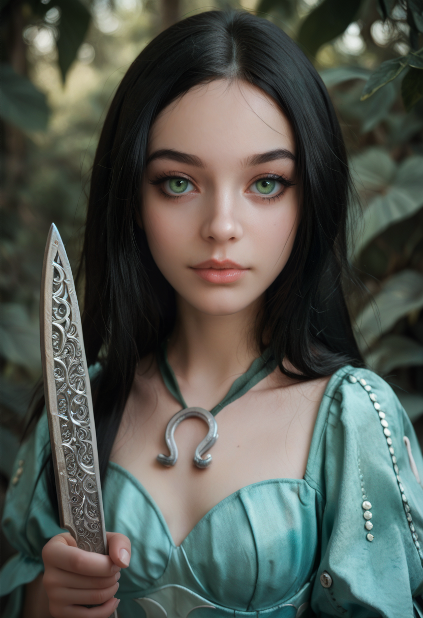 AMRDD, 1girl,   solo ,   young woman,  black hair,  upper body shot, long hair, green eyes, aqua dress,  makeup,  holding knife, vorpal blade,  horseshoe pendant, looking  at viewer,   <lora:AliceSirenDressPonyV1:0.95>, score_9, score_8_up, score_7_up,