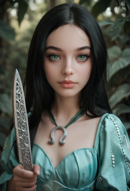 AMRDD, 1girl, solo , young woman, black hair, upper body shot, long hair, green eyes, aqua dress, makeup, holding knife, vorpal blade, horseshoe pendant, looking at viewer, <lora:AliceSirenDressPonyV1:0.95>, score_9, score_8_up, score_7_up,