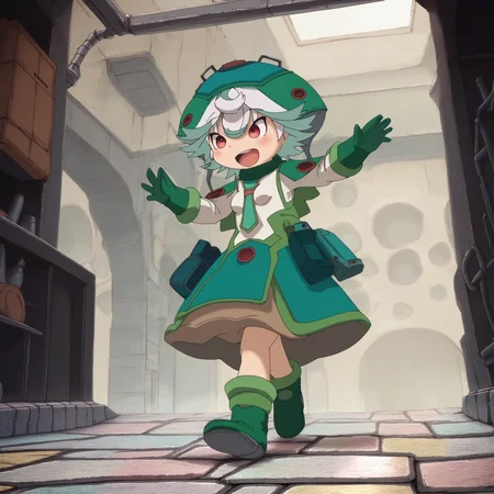 score_9, score_8_up, score_7_up, score_6_up, score_5_up, score_4_up, source_anime, full-length portrait, low-angle view, three-quarter view BREAK mprushka, female, ido hat, ido outfit, walking, raised arms, happy, inside, metal wall, stone floor, box, pipe, inside, detailed background, dynamic, intricate, immersive <lora:Made In Abyss - CharactersXL v0.6b-000005:1> <lora:zy_Detailed_Backgrounds_v1:0.75>