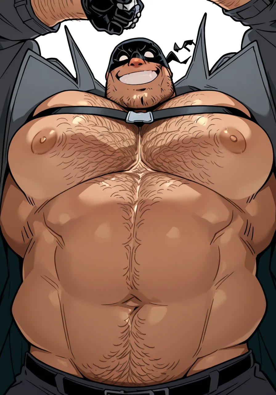 masterpiece,best quality,amazing quality, bara, 1boy, solo,male only, white background, simple background, portrait, upper body, thick outline,
knuckleduster, mask, smiling, open coat, chest straps, black gloves, broad shoulders, wide body, big pecs, arm hair, low angle view, chest hair, body hair, barely contained, barely visible areola,
looking at viewer, dynamic pose, victory pose, from below,