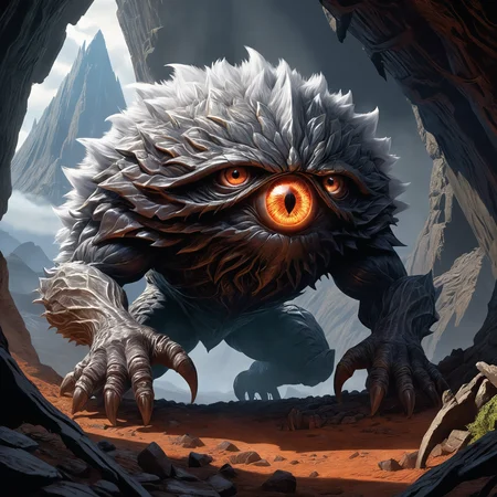 <lora:add-detail-xl:2.0>, famous artwork (by noah bradley:1.2), detailed expressive eyes, fantasy style, the silvery scuzzblibberer is a tiny creature that prospers in intense heat, building its keneytoring lairs in the flanks of active volcanos on planet new flimflam, here we get a good look at its fluffy hide and intricate eyes as it lays in ambush to prey on the undead spittlehurler from the shadows of its mancfrubbled hideout, masterpiece, best quality, ultra detailed