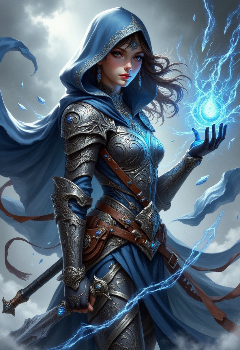 1woman, a warrior holding a sword, storm elemental magic armor, storm magic