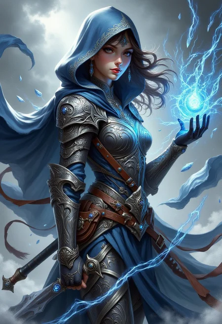 1woman, a warrior holding a sword, storm elemental magic armor, storm magic