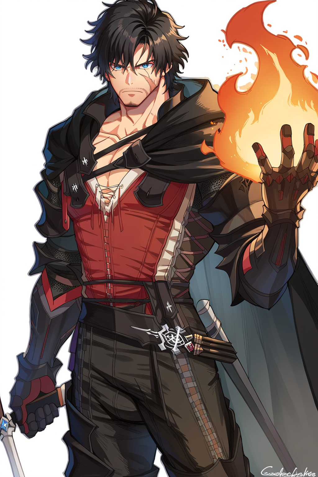score_9, score_8_up, score_7_up, score_6_up, score_5_up, score_4_up, BREAK source_anime,explicit,
edgClive,scar on face, looking at viewer, black hair, holding, weapon, pants, sword, signature, cape, armor, muscular, fire, knife, pectorals, sheath<lora:edgCliveRosfieldPony:1>