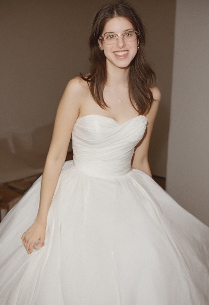 realistic photo of Beautiful young woman, perfect medium perky natural breasts, 2009 style, low rise, low contrast style, 8mm film, analog photography style, long brown hair, sharp facial features,thick nerdy glasses, pale white skin, , influencer, brown eyes, no makeup, instagram, detailed skin texture, detailed eyes, detailed face, slim, (small waist, wide hips, thick thighs:1.2), (sexy wedding dress:1.3), happy, smiling, juicy ass,