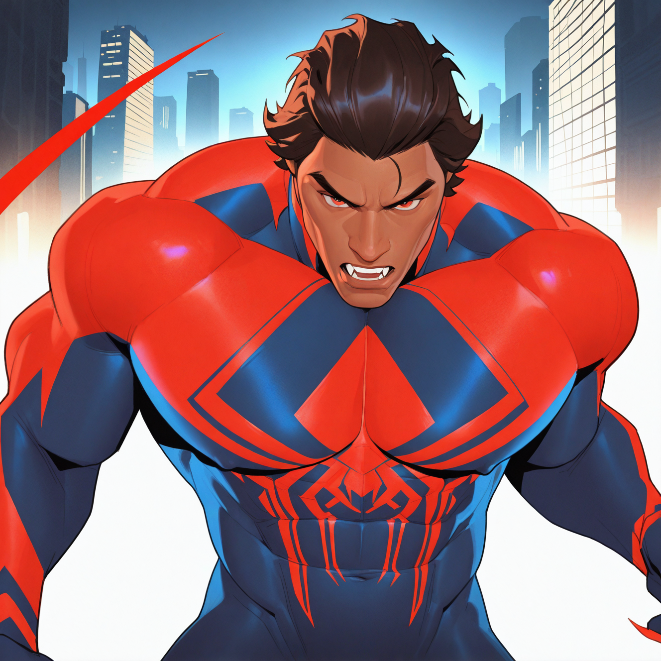 <lora:MIGUEL_OHARA-07:1>miguel_o_hara, solo, looking at viewer, short hair, brown hair, black hair, 1boy, red eyes, upper body, male focus, weapon, teeth, dark skin, muscular, bodysuit, glowing, fangs, thick eyebrows, muscular male, pectorals, dark-skinned male, bara, animal print, large pectorals, claws, skin tight, mature male, cityscape, hair slicked back, red bodysuit, blue bodysuit, arm blade, two-tone bodysuit, cheekbones, dynamic perspective, detailed background, motion blur, film grain, abstract, natural lighting, fantasy, cinematic, dynamic view, tilted angle, very awa, masterpiece, best quality, absurdres, newest, perfect quality, detailed background, intricate details, (artist:fl \(l-fl\):0.7), (artist:tooboshoo:0.7), (artist:dizdoodz:0.8)