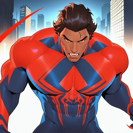 <lora:MIGUEL_OHARA-07:1>miguel_o_hara, solo, looking at viewer, short hair, brown hair, black hair, 1boy, red eyes, upper body, male focus, weapon, teeth, dark skin, muscular, bodysuit, glowing, fangs, thick eyebrows, muscular male, pectorals, dark-skinned male, bara, animal print, large pectorals, claws, skin tight, mature male, cityscape, hair slicked back, red bodysuit, blue bodysuit, arm blade, two-tone bodysuit, cheekbones, dynamic perspective, detailed background, motion blur, film grain, abstract, natural lighting, fantasy, cinematic, dynamic view, tilted angle, very awa, masterpiece, best quality, absurdres, newest, perfect quality, detailed background, intricate details, (artist:fl \(l-fl\):0.7), (artist:tooboshoo:0.7), (artist:dizdoodz:0.8)