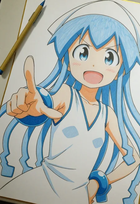 sketch, traditional media, unfinished, colored_pencil \(medium\), tegaki,pencil,
1girl, ikamusume, <lora:ikmsm_illustrious_v3:1> ikmsm, pointing,
v-shaped eyebrows, smile, open mouth,
standing, hand on hip, upper body, dutch angle,
general, masterpiece, best quality, very aesthetic, absurdres,, <lora:dmd2_sdxl_4step:1>