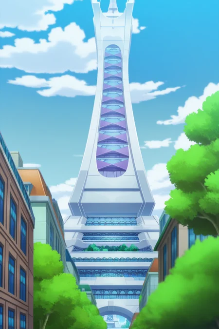 anime, animification, anime screencap, anime coloring, vivid colors, depth of field, high quality, highres, lumiose city, outdoors, sky, day, cloud, tree, prism tower, tower, blue sky, no humans, cloudy sky, building, scenery, architecture
<lora:Lumiose_city-10:1>