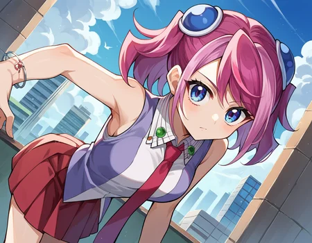 score_9, score_8_up, score_7_up, source_anime,
yuzuhiiragi, <lora:yuzu-hiiragi-ponyxl-lora-nochekaiser:1>,
yuzu hiiragi, blue eyes, hair ornament, medium hair, multicolored hair, pink hair, red hair, streaked hair, twintails,
bare arms, bracelet, collared shirt, jewelry, necktie, pleated skirt, red necktie, red skirt, shirt, skirt, sleeveless, sleeveless shirt, wing collar, two-tone shirt,
outdoors, cityscape, bent over,
looking at viewer, cowboy shot, dutch angle,