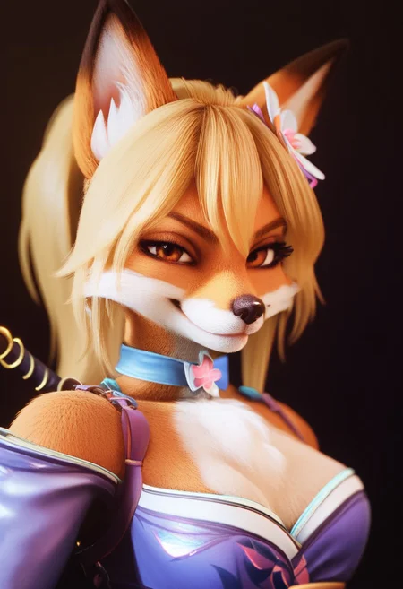 score_9, score_8_up, score_7_up, score_6_up, score_5_up, score_4_up, solo, rating_safe,
1girl (akai hime, heterochromia, red left eye, blue right eye, female, fox, wild assault, pink paw pads, yellow hair, flower on hair, anthro, anthro fox, closed mouth, smug grin, looking at viewer), masterpiece, insane quality, dark background with sparkles, FurryDalle, cartoon, toony