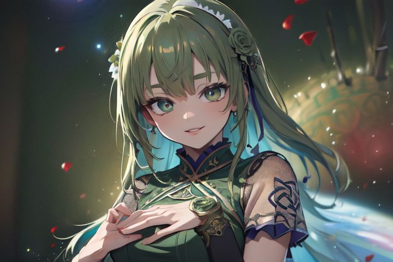 (masterpiece:1.4), 4K8K, (anime style), (high shutterspeed:1.4), (sharp edges), 
SyFyEye1, FanFo, 
1woman  hands togather,  leaning foward, face focus, smile, closed mouth, 
wearing Celtic style dress, (Detailed face, Detailed eyes, Detailed lips), (solo), 
olive hair, any colored roses, Fantastic, turf,