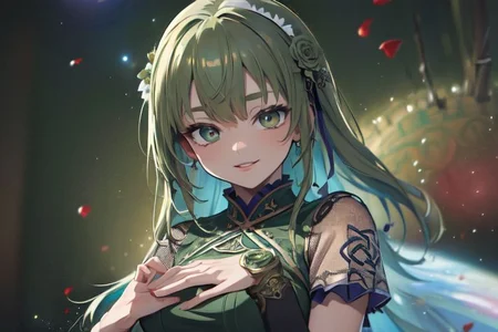 (masterpiece:1.4), 4K8K, (anime style), (high shutterspeed:1.4), (sharp edges),
SyFyEye1, FanFo,
1woman hands togather, leaning foward, face focus, smile, closed mouth,
wearing Celtic style dress, (Detailed face, Detailed eyes, Detailed lips), (solo),
olive hair, any colored roses, Fantastic, turf,