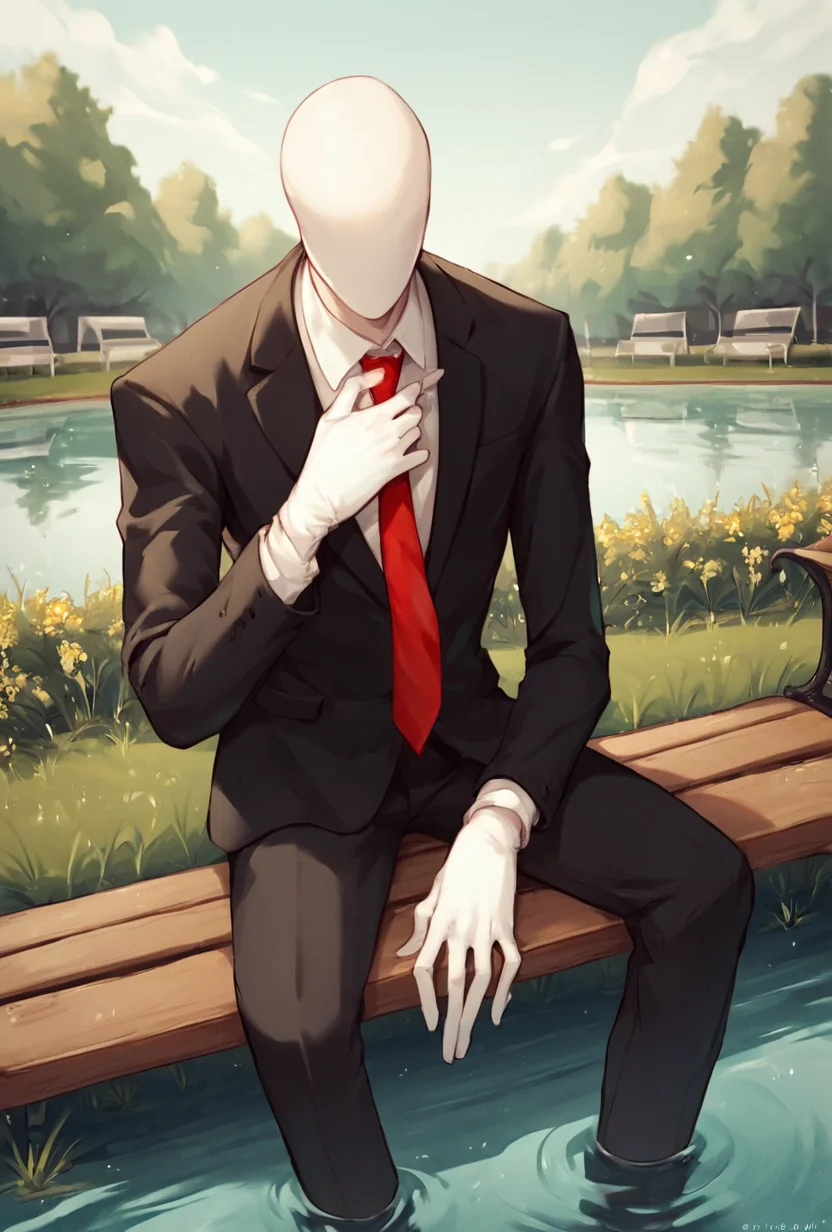 score_9, score_8_up, score_7_up <lora:slenderman-10:1> slenderman, necktie, black coat, formal, 1boy, solo, faceless, , white hands, white gloves, outdoors, public location, public park, sitting on bench, pond, lake, grass,