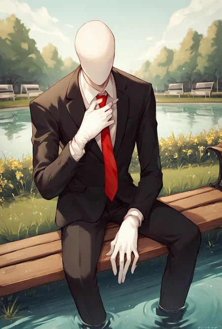 score_9, score_8_up, score_7_up <lora:slenderman-10:1> slenderman, necktie, black coat, formal, 1boy, solo, faceless, , white hands, white gloves, outdoors, public location, public park, sitting on bench, pond, lake, grass,