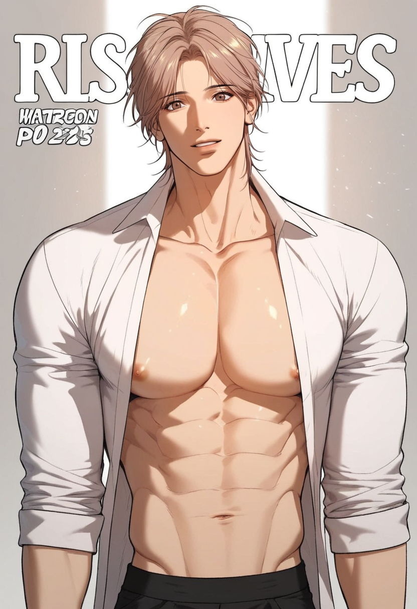 score_9,score_8_up,score_7_up,1boy,solo,solo focus,male focus,yaoi,bara,male focus,fairly nsfw,uncersored,highres,best quality,amazing quality,best aesthetic,absurdres,<lora:add-detail-xl:1>,<lora:Expressive_H:1>,Expressiveh,<lora:HEESUNG:0.7>,heesung,brown hair,brown eyes,cowboy shot,white shirt,open clothes,magazine cover,fake magazine cover,stylish_pose,
