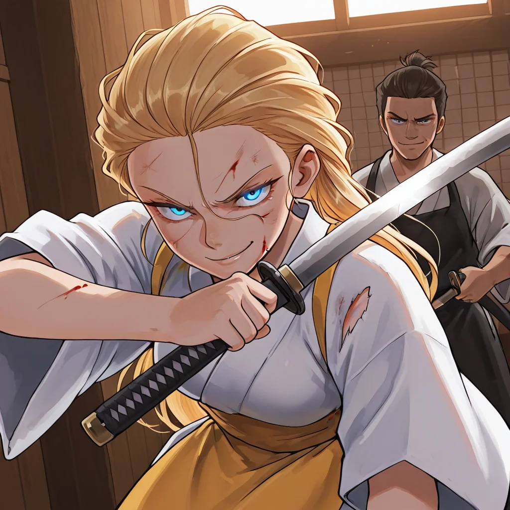 best quality, colorful, masterpiece, detailed_background, amazing_quality, uhd, high quality, <lora:Wendy_-_Waffle_House-000008:1> wh-waitress, 1girl, blonde hair, blue eyes, white kimono, holding katana, backlighting, glowing eyes, blood, blood on face, smirk, solo focus, aiming at viewer, torn clothes, injury, <lora:DetailedEyes_V3:1> BREAK mutliple boys,