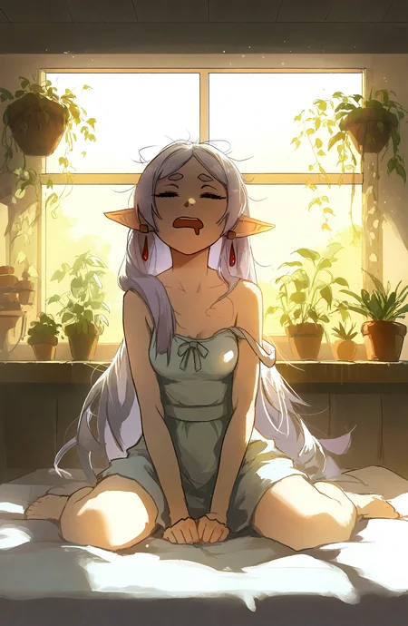 frieren, 1girl, solo, long_hair, open_mouth, dress, jewelry, sitting, closed_eyes, white_hair, earrings, sleeveless, pointy_ears, indoors, white_dress, parted_bangs, window, wariza, plant, elf, messy_hair, drooling, strap_slip, potted_plant, mouth_drool