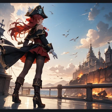 (score_9, score_8_up, score_7_up, masterpiece, best quality), by vinhnyu,, by makamati, houshou marine, houshou marine \(1st costume\), 1girl, ascot, bike shorts, bird, black jacket, black shorts, blue sky, boots, breasts, brown footwear, brown thighhighs, cloud, cloudy sky, cropped jacket, day, dutch angle, full body, gloves, gold trim, hair ribbon, hat, high heel boots, high heels, jacket, jacket on shoulders, legs, long hair, long sleeves, looking to the side, medium breasts, miniskirt, pirate hat, pleated skirt, red ascot, red hair, red ribbon, red skirt, ribbon, seagull, shadow, ship, shorts, sidelocks, skirt, sky, sleeveless, sleeveless jacket, solo, standing, thighhighs, thighs, upskirt, watercraft, white gloves, yellow eyes, 1girl, ahoge, black coat, black footwear, black pantyhose, boots, building, city lights, cityscape, cloud, cloudy sky, coat, dusk, facing away, knee boots, legs apart, letterboxed, long sleeves, molten metal, mountain, outdoors, pantyhose, scenery, science fiction, searchlight, shadow, sky, solo, standing, steam, tower