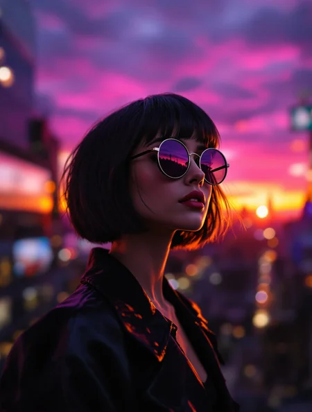 Off-center composition,A extremly fully depiction of a stunning girl with page haircut dark hair round dark sunglasses reflect a purple sunset in New York with all its scenery,bright colours ,highly detailed, high budget, bokeh, cinemascope, moody, epic, gorgeous, Hyperrealistic 24k uhd
