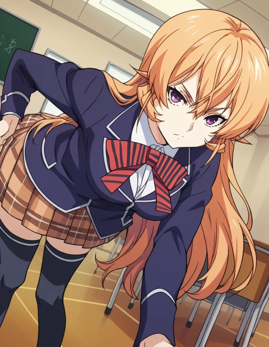 score_9, score_8_up, score_7_up, source_anime,
erinanakiri, <lora:erina-nakiri-s1-ponyxl-lora-nochekaiser:1>,
erina nakiri, long hair, orange hair, purple eyes, hair between eyes,
skirt, thighhighs, bow, school uniform, jacket, pleated skirt, shoes, black thighhighs, zettai ryouiki, plaid, plaid skirt, blazer,
indoors, classroom, bent over,
looking at viewer, cowboy shot, dutch angle, solo,