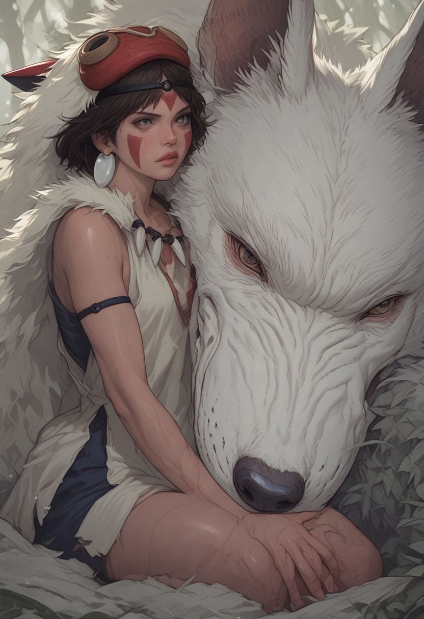 score_9, score_8_up, score_7_up,  1girl, San(/Princess Mononoke)/,(ultra HD quality details), pale skin, brown hair, facepaint, brown eyes, short hair, mask on head,
shiny skin, eye contact, fur cape, crystal necklace, sleeveless_shirt,
tilted angle, moody lighting, p3tl0v3, white wolf, hugging white wolf, dim lighting, medieval fantasy, perfect quality, high quality, photorealistic, sitting BREAK orange and blue hue, (abstract:0.2), expressiveH