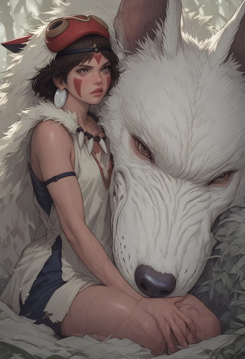 score_9, score_8_up, score_7_up, 1girl, San(/Princess Mononoke)/,(ultra HD quality details), pale skin, brown hair, facepaint, brown eyes, short hair, mask on head,
shiny skin, eye contact, fur cape, crystal necklace, sleeveless_shirt,
tilted angle, moody lighting, p3tl0v3, white wolf, hugging white wolf, dim lighting, medieval fantasy, perfect quality, high quality, photorealistic, sitting BREAK orange and blue hue, (abstract:0.2), expressiveH