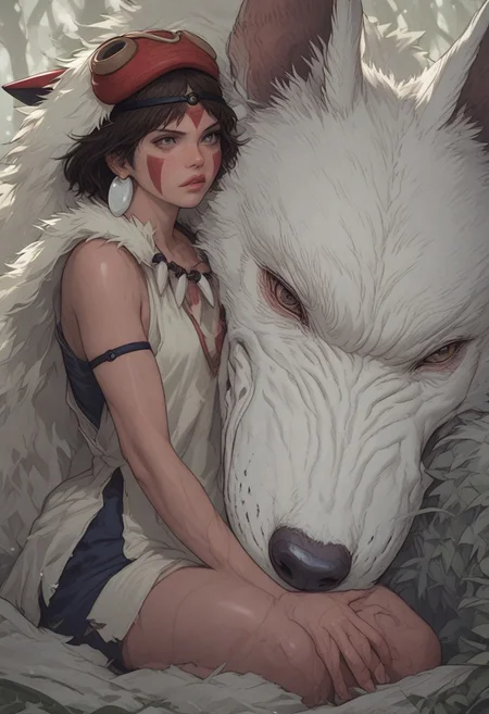 score_9, score_8_up, score_7_up, 1girl, San(/Princess Mononoke)/,(ultra HD quality details), pale skin, brown hair, facepaint, brown eyes, short hair, mask on head,
shiny skin, eye contact, fur cape, crystal necklace, sleeveless_shirt,
tilted angle, moody lighting, p3tl0v3, white wolf, hugging white wolf, dim lighting, medieval fantasy, perfect quality, high quality, photorealistic, sitting BREAK orange and blue hue, (abstract:0.2), expressiveH