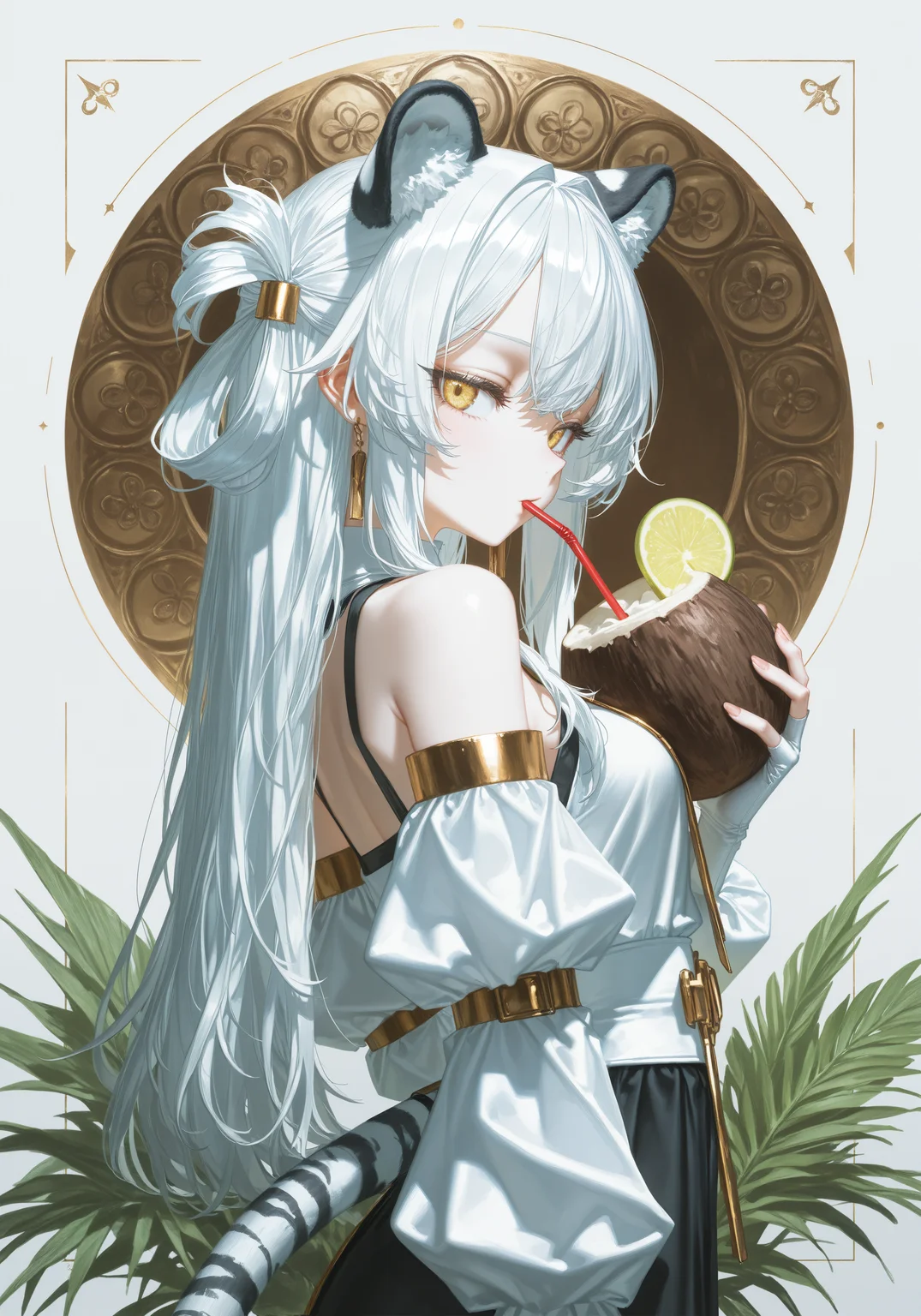 masterpiece, best quality, good quality, [by quasarcake], (rhasta:0.9), [reoen], (hiro \(dismaless\):0.8), [[baffu]], year 2023, circle, cover_art,
1girl, anime character, (coconut_cup:1.13), coconut, (holding drinking straw), luxury, lime_slice, anime cgi, (material icon style), tiger ears, gold fringe hair, white hair, tiger_eyes, hair rings, long sleeves, detached sleeves, puffy sleeves, (long hair), hair_up, tsurime, looking_at_viewer, suspicious egg dish, (from side:0.55), looking to the side, looking at viewer, half-closed_eyes, simple_background, solo, gradient background, texture_background, smooth slate stone background, close-up, original, vector trace, ornate_border, official_alternate_hairstyle, cowboy_shot, white-tiger_tail, dutch_angle, stylish angle, style of Bourgeois, angular, an album cover, purism, plant border, waterfall, white fingerless_gloves